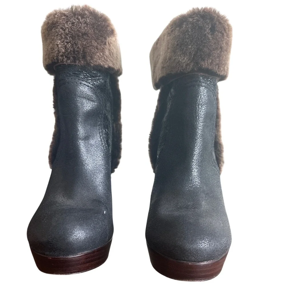 Tory Burch Shearling Cuffed Platform Booties Metallic Leather Fur Trim 8